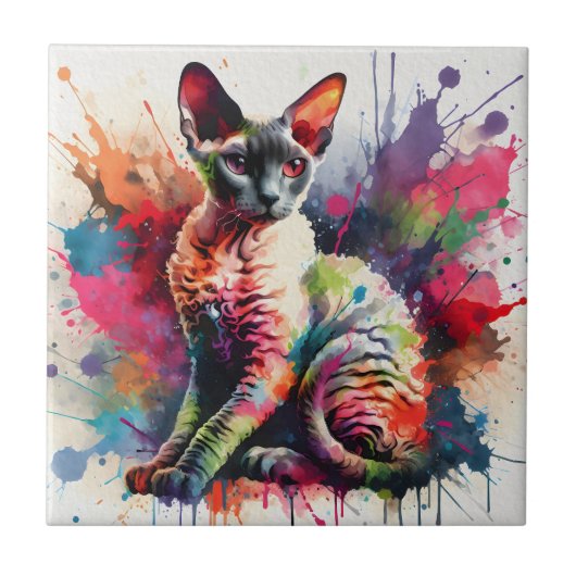 Waterverf Cornish Rex Cat Kleurrijk Portret Tegeltje (Voorkant)
