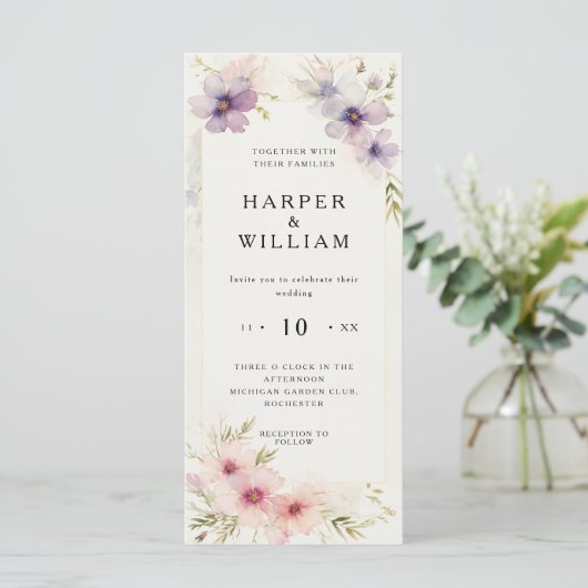 Waterverf Cosmos Flowers Bruiloft Uitnodiging (Staand voorkant)