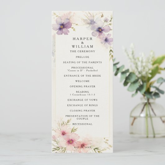 Waterverf Cosmos Flowers Trouwprogramma Kaart (Staand voorkant)