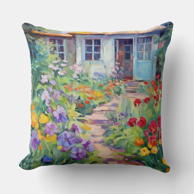 Waterverf Cottage Garden gevuld met bloemen Kussen (Voorkant)