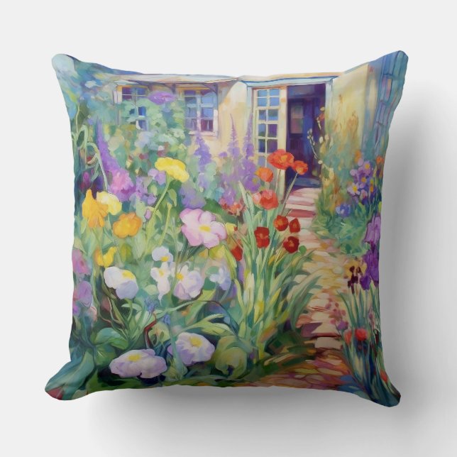 Waterverf Cottage Garden gevuld met bloemen Kussen (Voorkant)