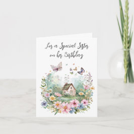Waterverf Cottage in een bloemenkrans voor zuster Kaart