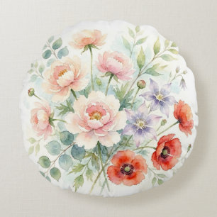 Waterverf Cottage Tuin Wilde Bloemen Boeket Rond Kussen