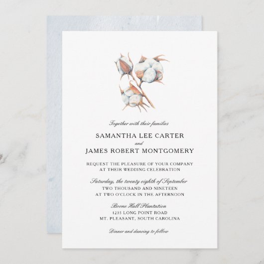 Waterverf Cotton Boll Plant | Bruiloft Kaart (Voorkant / Achterkant)