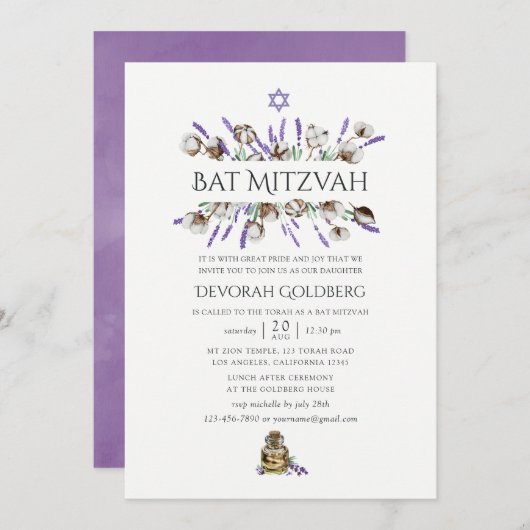 Waterverf Cotton Lavender Bat Mitzvah Kaart (Voorkant / Achterkant)