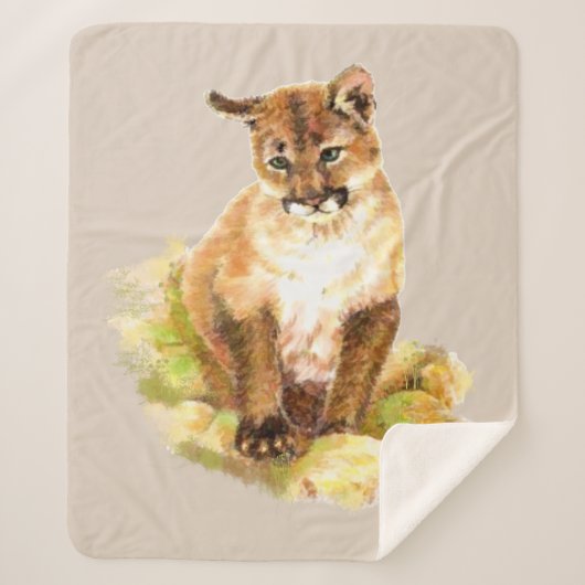 Waterverf Cougar Kitten Mountain Lion Wildlife Sherpa Deken (Voorkant)