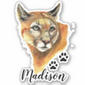 Waterverf Cougar, Puma Dier Custom Name Sticker (Voorkant)