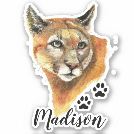 Waterverf Cougar, Puma Dier Custom Name Sticker (Voorkant)
