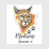 Waterverf Cougar, Puma Dier Custom Name Sticker (Vel)