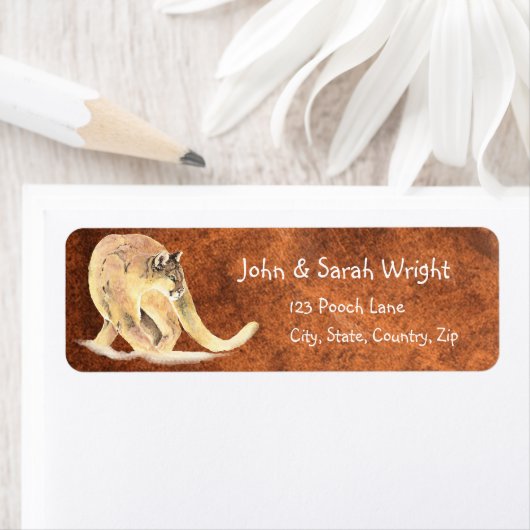 Waterverf Cougar, Puma, Mountain Lion Address Etiket (Insitu)