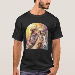 Waterverf cowgirl paardrijden haar paard op een he t-shirt