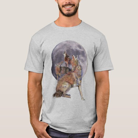Waterverf Coyote Pack Huilen bij de maan T-shirt (Voorkant)