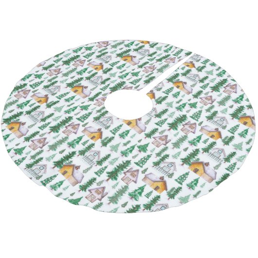 Waterverf Cozy Cabins in Pine Forest Pattern Kerstboom Rok (Gekanteld)