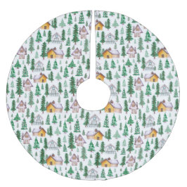 Waterverf Cozy Cabins in Pine Forest Pattern Kerstboom Rok