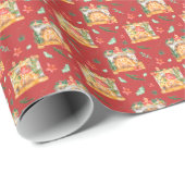 Waterverf Cozy kerstvireplace Red Pattern Cadeaupapier (Rol Hoek)