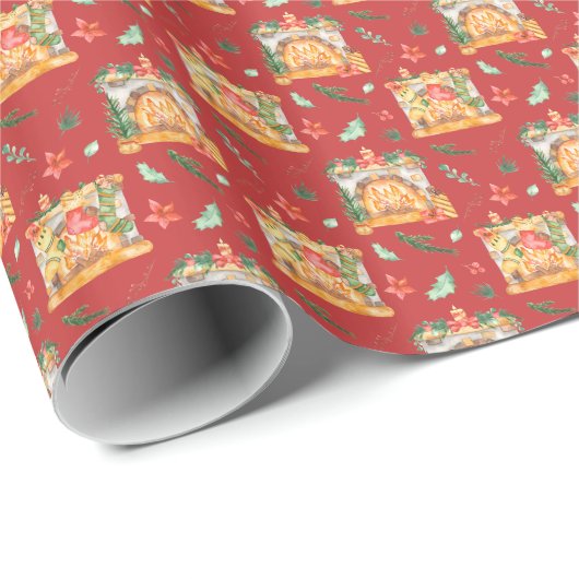 Waterverf Cozy kerstvireplace Red Pattern Cadeaupapier (Rol Hoek)