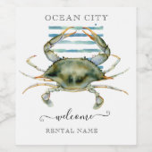 WATERVERF CRAB BEACH TOWN, OCEAN CITY WELCOME WIJN ETIKET (Enkel label)