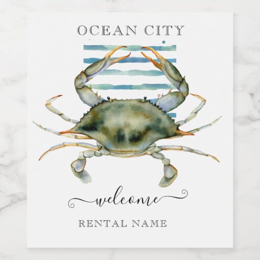 WATERVERF CRAB BEACH TOWN, OCEAN CITY WELCOME WIJN ETIKET (Enkel label)