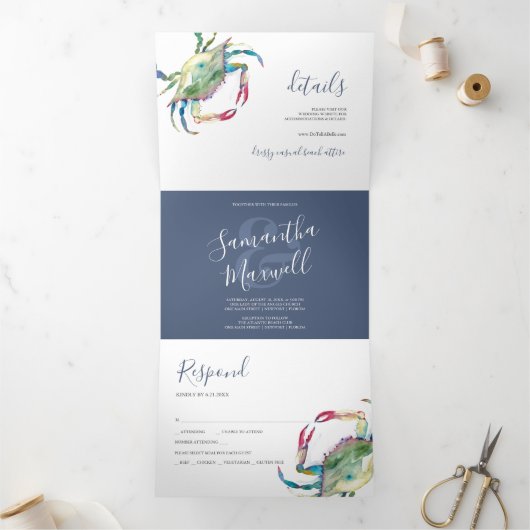 Waterverf Crab Trifold Strand Huwelijksuitnodiging Drieluik Uitnodiging (Binnen)
