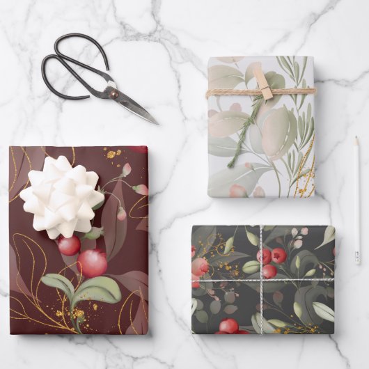 Waterverf Cranberry Winter Bloemen Inpakpapier Vel (Voorkant)