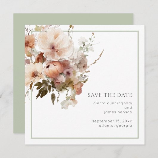 Waterverf Cream Sage Groen Bloemen Bruiloft Save The Date (Voorkant / Achterkant)