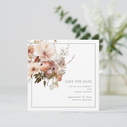 Waterverf Cream Sage Groen Bloemen Bruiloft Save The Date (Staand voorkant)