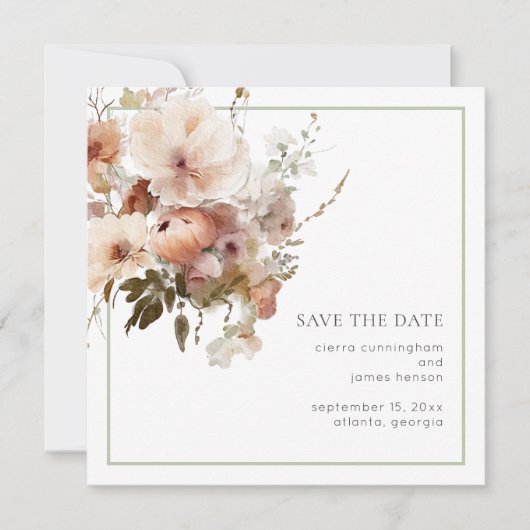 Waterverf Cream Sage Groen Bloemen Bruiloft Save The Date (Voorkant)