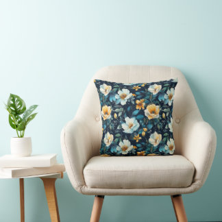 Waterverf Crème Gele Blauwe Florals Kussen