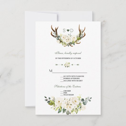 Waterverf Crème Witte Bloemgewei bruiloft RSVP Kaartje (Voorkant)