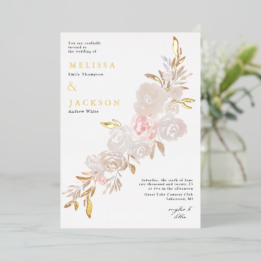 Waterverf crèmekleurige rozenkrans Folie Uitnodigi Folie Uitnodiging (Staand Voorkant)