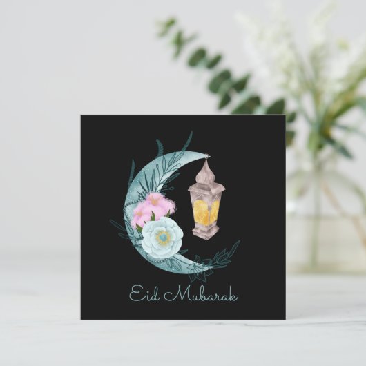 Waterverf Crescent Eid Mubarak Black Holiday Kaart (Staand voorkant)