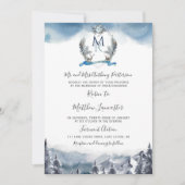 Waterverf Crest and Mountains, Dusty Blue Wedding Kaart (Voorkant)