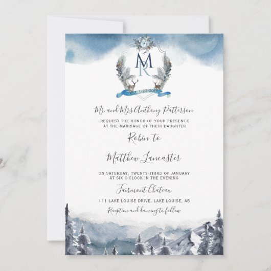 Waterverf Crest and Mountains, Dusty Blue Wedding Kaart (Voorkant)