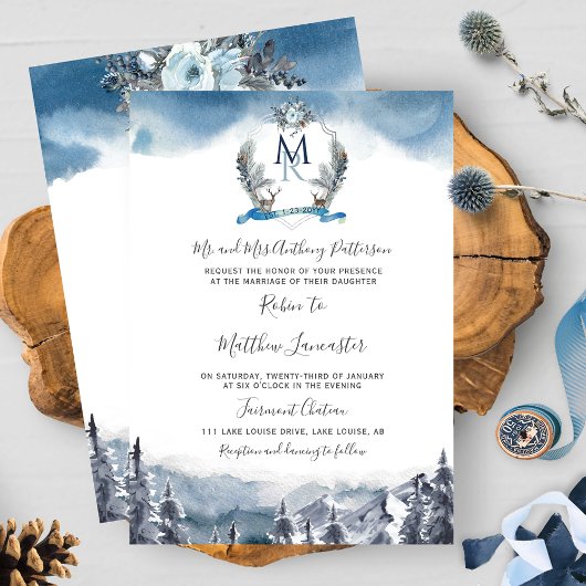 Waterverf Crest and Mountains, Dusty Blue Wedding Kaart