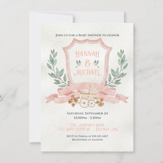 Waterverf Crest Baby Roze Douche Kaart (Voorkant)