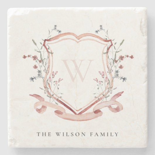 Waterverf Crest Monogram Elegant Pink Wildflower Stenen Onderzetter (Voorkant)