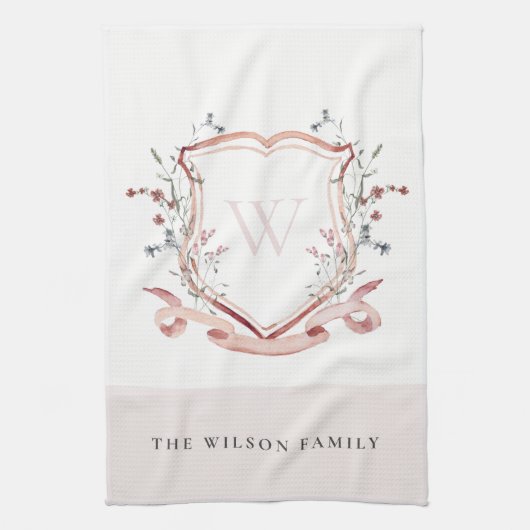 Waterverf Crest Monogram Elegant Pink Wildflower Theedoek (Verticaal)