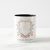 Waterverf Crest Monogram Elegant Pink Wildflower Tweekleurige Koffiemok (Center)