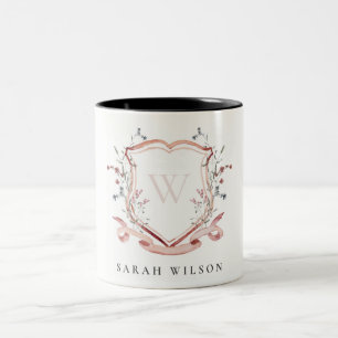 Waterverf Crest Monogram Elegant Pink Wildflower Tweekleurige Koffiemok