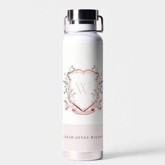 Waterverf Crest Monogram Elegant Pink Wildflower Waterfles (Achterkant)