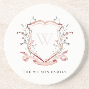 Waterverf Crest Monogram Elegant Pink Wildflower Zandsteen Onderzetter