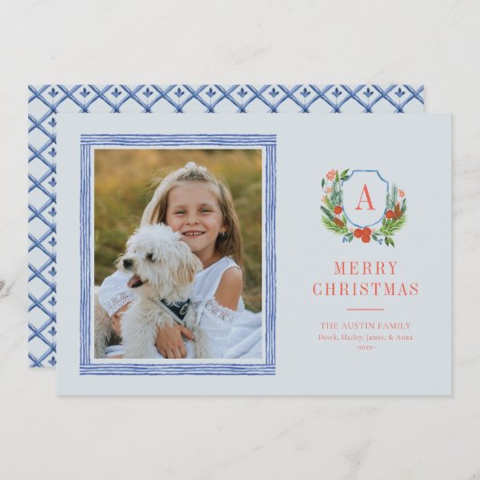 Waterverf Crest Preppy Kerstkaart (Voorkant / Achterkant)