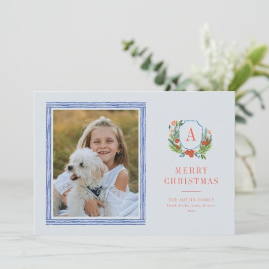 Waterverf Crest Preppy Kerstkaart (Staand voorkant)