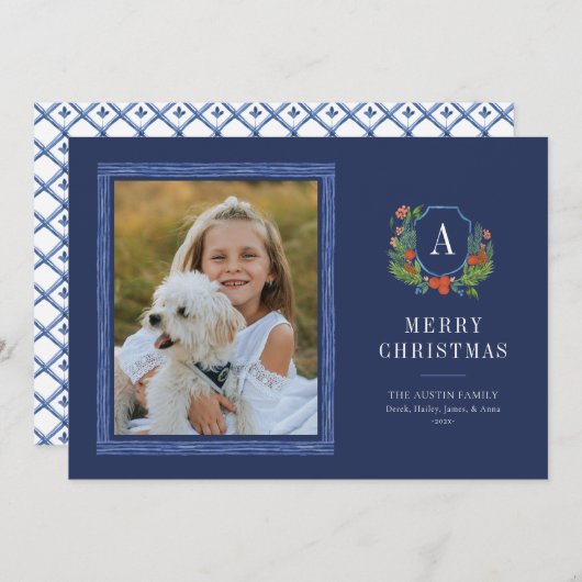 Waterverf Crest Preppy Kerstkaart (Voorkant / Achterkant)