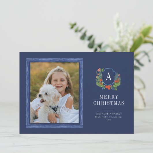 Waterverf Crest Preppy Kerstkaart (Staand voorkant)