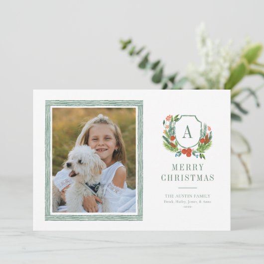 Waterverf Crest Preppy Kerstkaart (Staand voorkant)