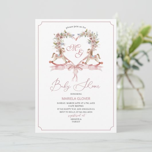 Waterverf Crests Roze bloemetjes Rocking Horse Bab Kaart (Staand voorkant)