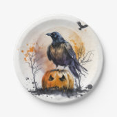 Waterverf Crow Halloween Papieren Bordje (Voorkant)