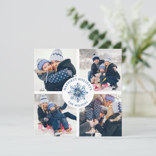 Waterverf Crystal Blue Snowflake 4 Fotocollage Feestdagenkaart (Staand voorkant)
