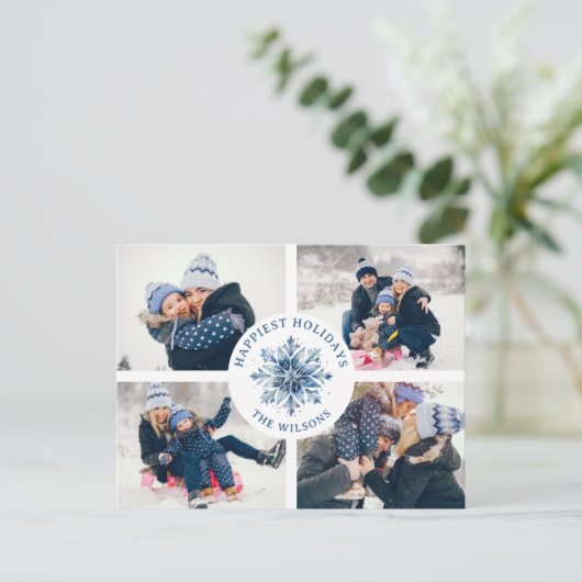 Waterverf Crystal Blue Snowflake 4 Fotocollage Feestdagenkaart (Staand voorkant)